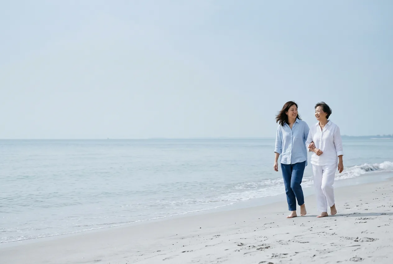 Illustrative scene of two generations enjoying a quiet walk by the sea