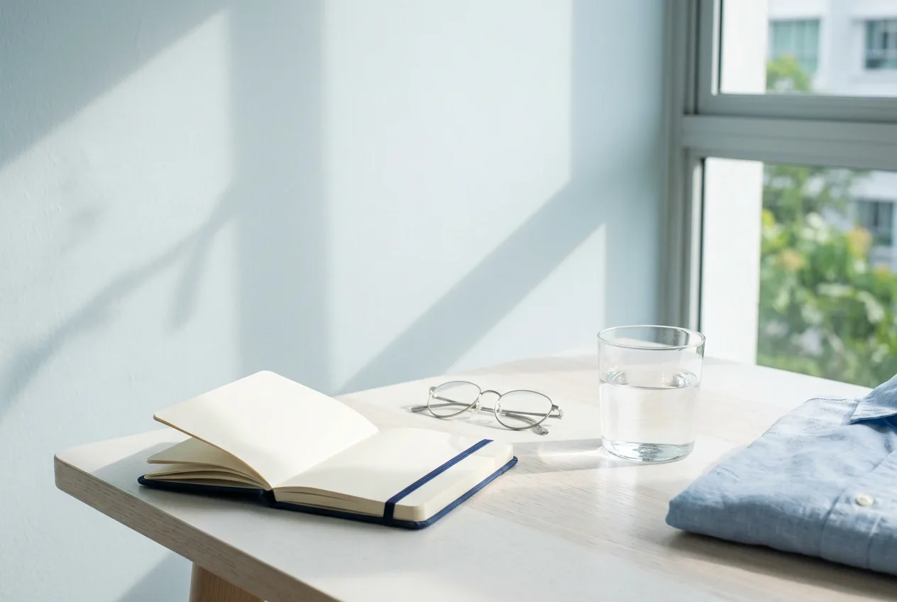 Illustrative sunlit desk with a notebook, reading glasses and a glass of water